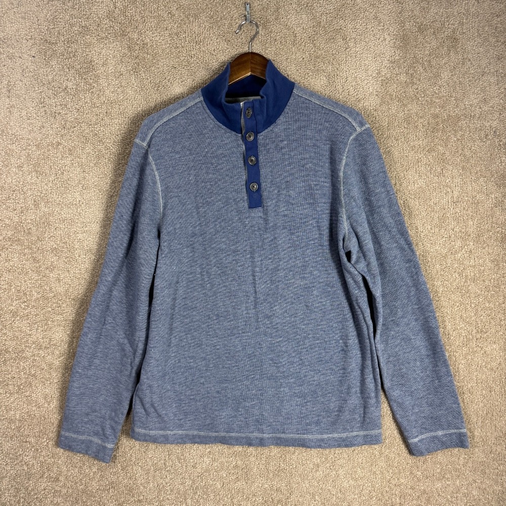 Banana Republic Sweater Mens Large L Blue‎ 1/4 Button Mock Neck Pullover Cotton